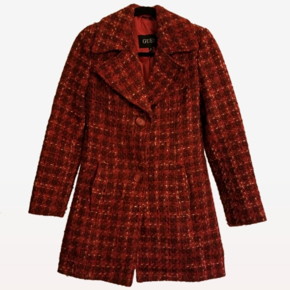 Guess Red Tweed Pea Coat